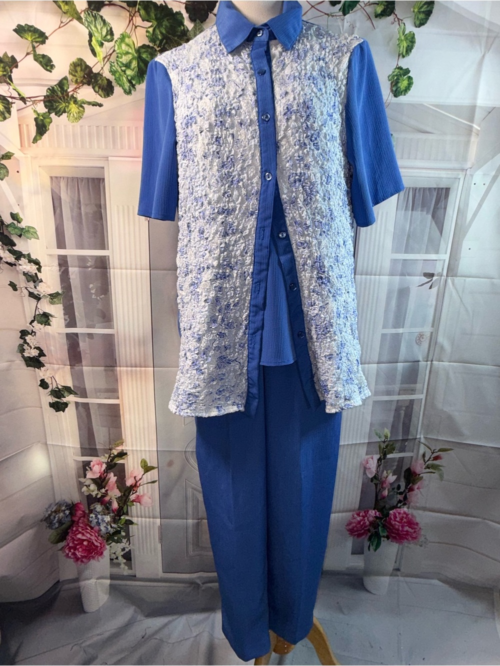 1188-Vintage Maggie Sweet Blue Straight-Leg Jumpsuit with Ivory Textured Shirt